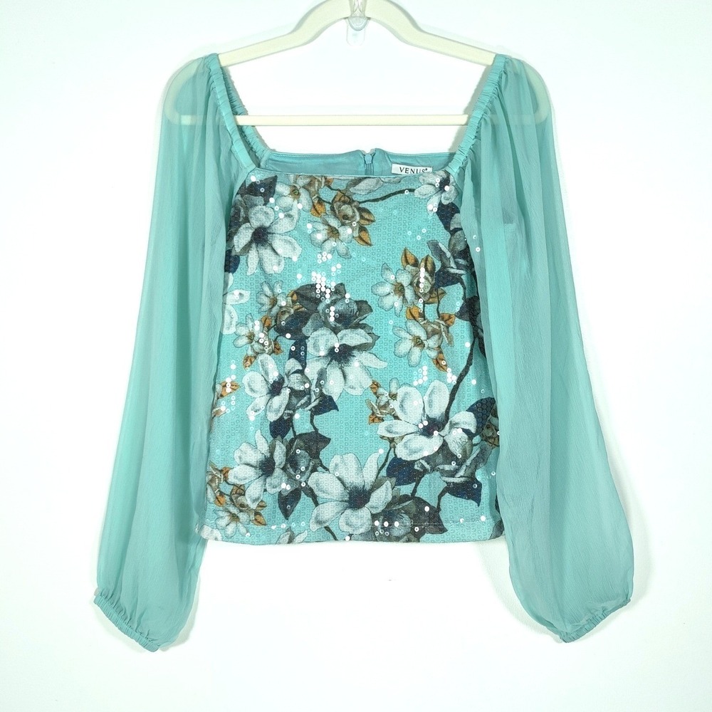Venus Teal Floral Sequin Chiffon Sleeve Top S Square Neck Y2K Evening Blouse